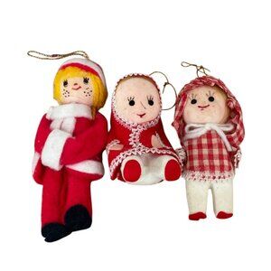 Vtg Christmas Elf Pixie Ornaments Set 3 Flocked Felt Red White Expressive Faces